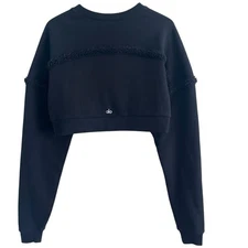 ALO Yoga City Cropped Sweatshirt Sz S Black Boxy Sherpa Trim Long Sleeve Gym