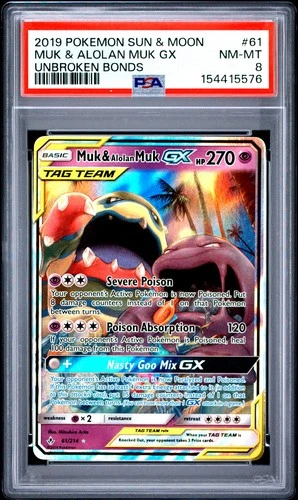 2019 POKEMON SUN & MOON UNBROKEN BONDS #61 MUK & ALOLAN MUK GX PSA 8