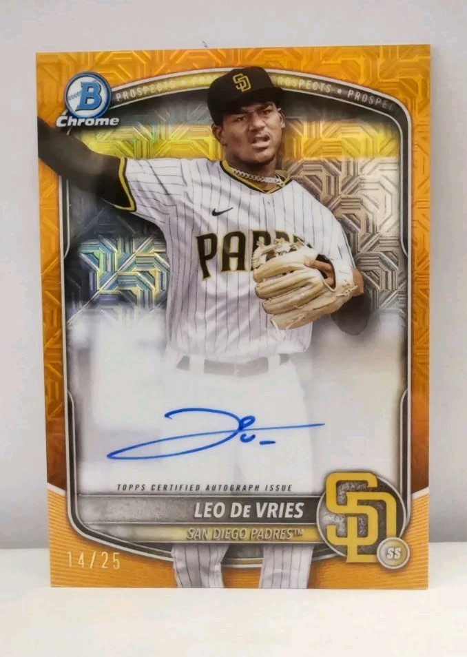 2025 Bowman Chrome LEO DE VRIES- Orange Mojo Refractor 14/25 AUTO #BMA-LD