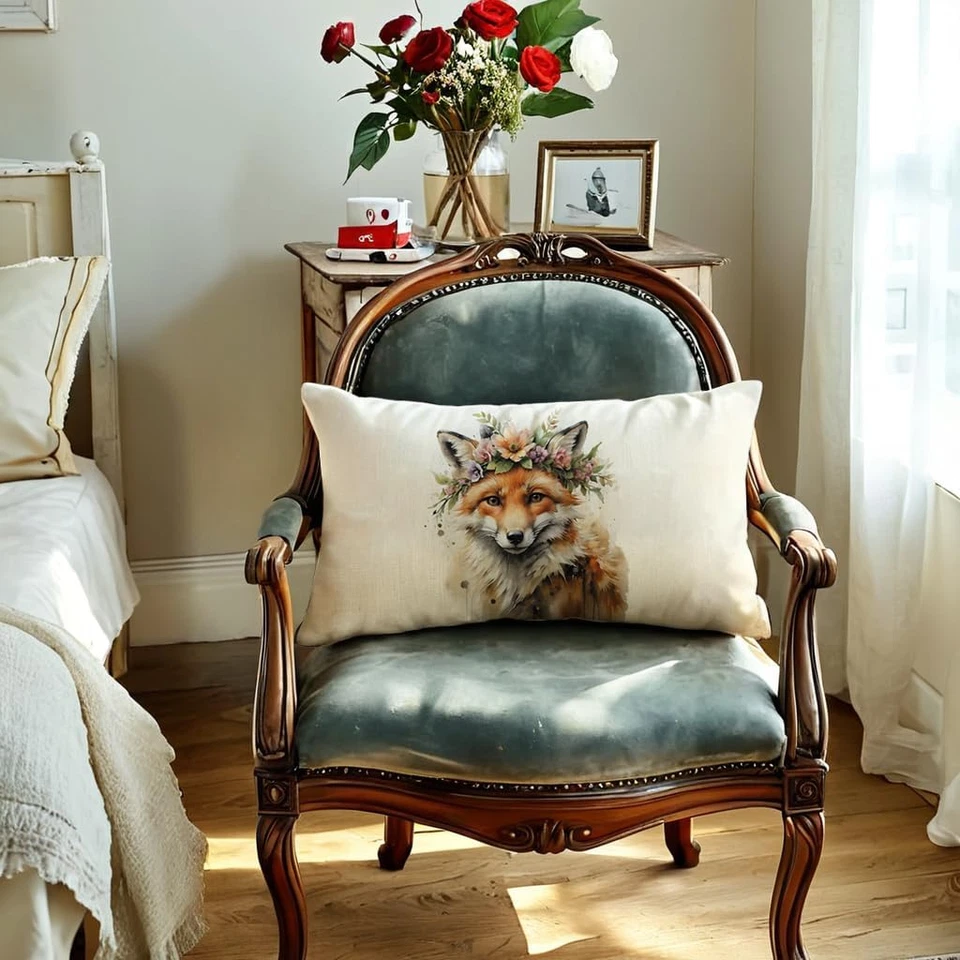 Animals Lumbar Throw Pillow Covers,12X20 Inch Floral Fox Watercolor Wildlife Cus - Image 2 of 4