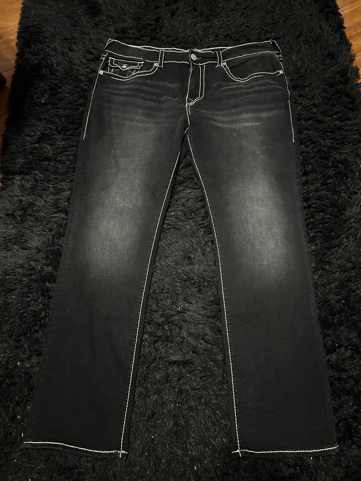 True Religion Ricky Relaxed Straight Big T Flap Washed Coal Grey Jeans Men's 40