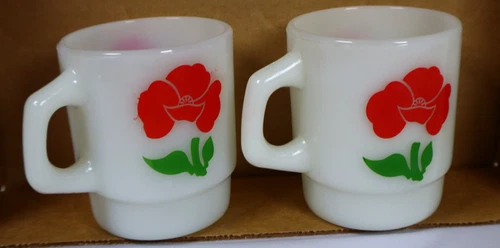 Anchor Hocking Fire King Set/2 Milk Glass Mugs Stackable Red Poppy VTG