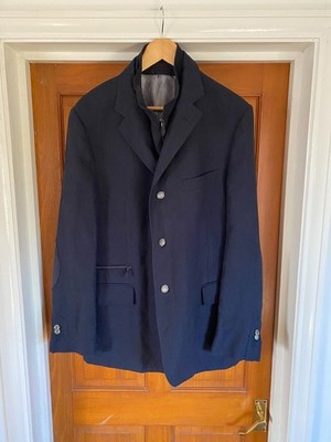 Corneliani Leinen & Wolle Blazer Jacke UK 46 R Ellenbogen Patches Silber Wappen Knöpfe