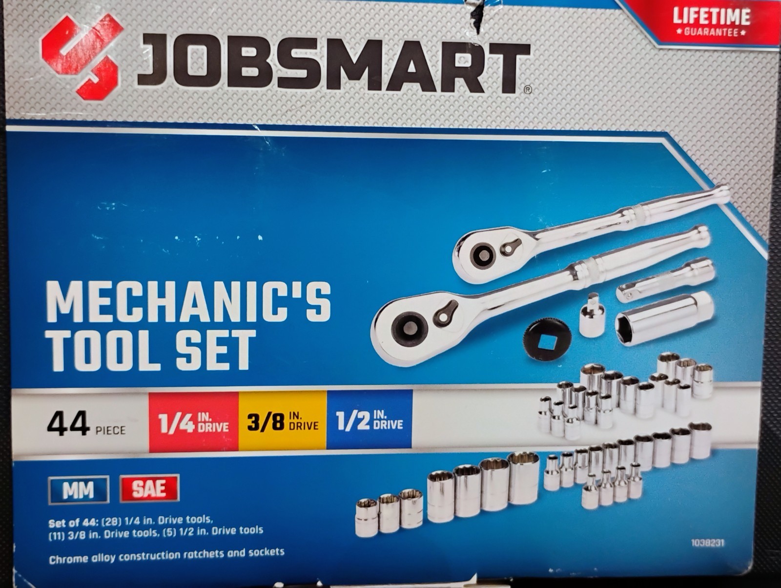 Jobsmart 44pc Mechanic's Tool Socket Set SAE MM Set 3/8" 1/2" Ratchet Home Auto