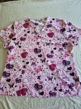 GT Women's Pink Patterned Scrub Top Hearts Butterflies Medical