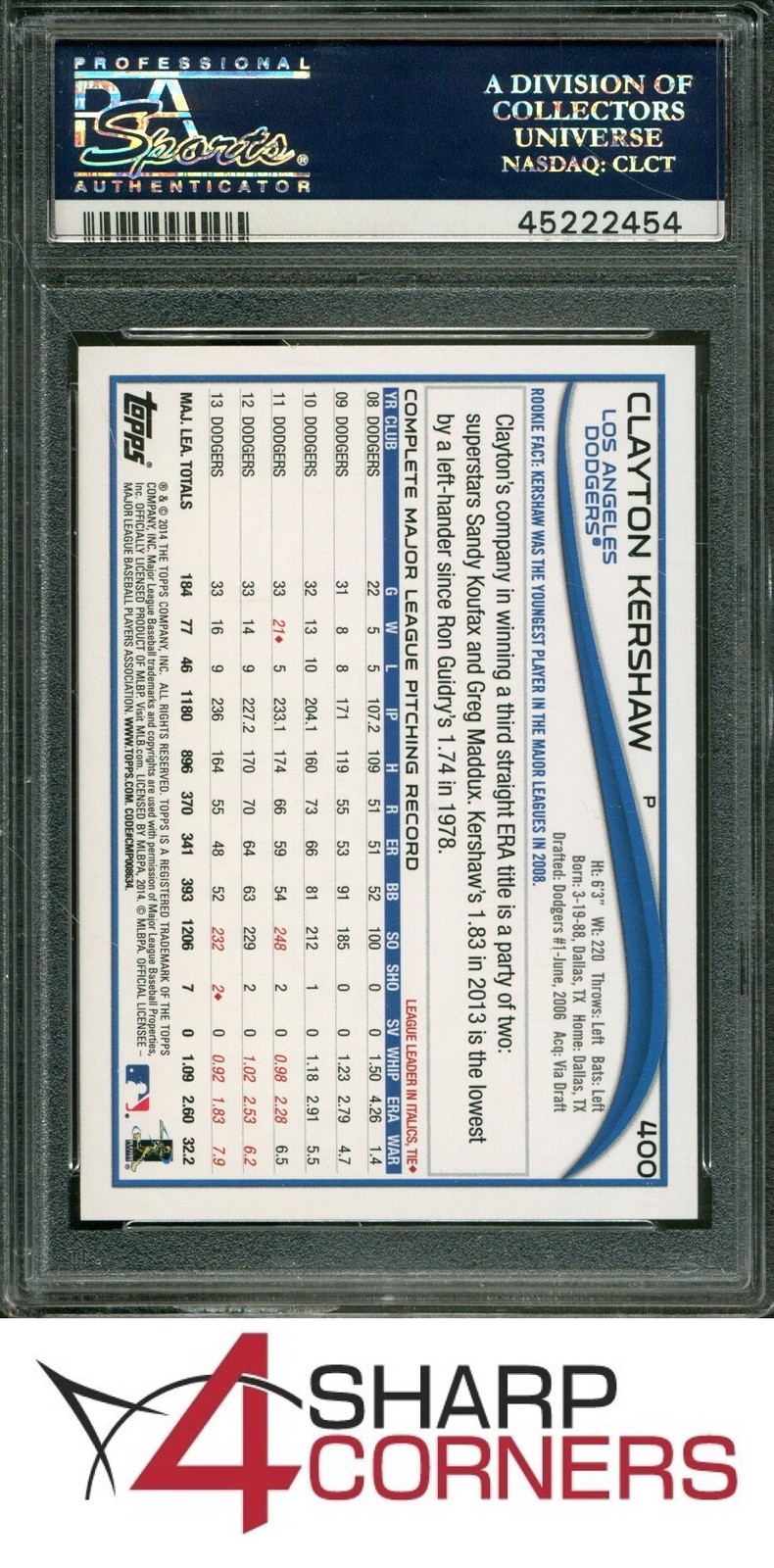 2014 TOPPS #400 CLAYTON KERSHAW NO SPARKLE ON SHOULDER PSA 10 view 2