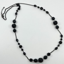 VTG Retro Gothic Black Beaded Station Necklace Gunmetal Chain Chic Boho Jewelry