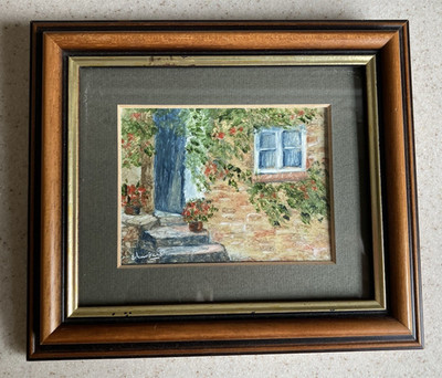 Vintage Miniatur Ölgemälde Landhaus Stufen signiert montiert & gerahmt
