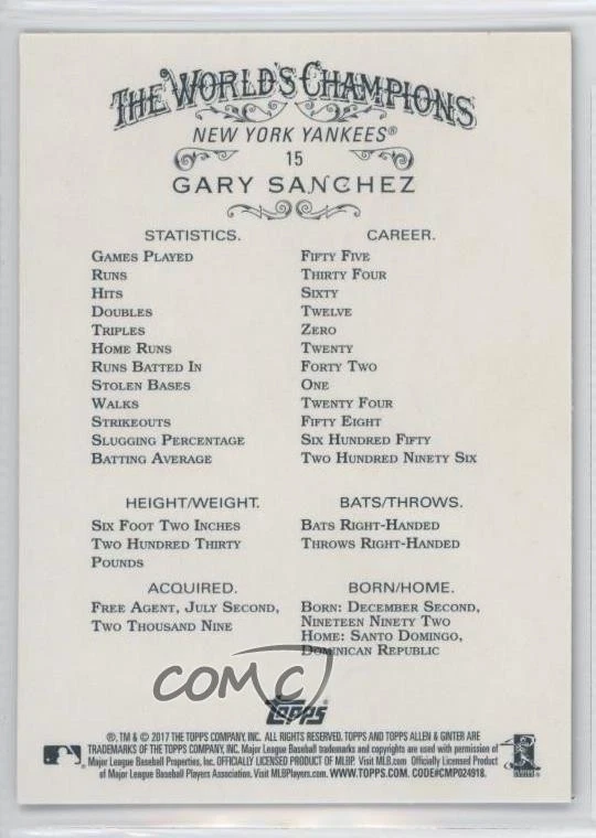 2017 Topps Allen & Ginter's X Gary Sanchez #15 - Image 2 of 2