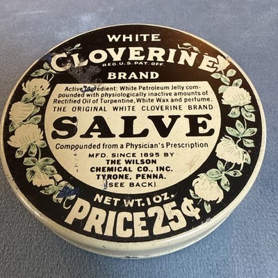 Antique White Cloverine Salve Tin Wilson Chemical Tyrone PA 25¢ Advertising Lid