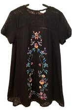 UMGEE Shift Dress Black Lace Floral Embroidered Peasant Boho Festival Sz M NWT