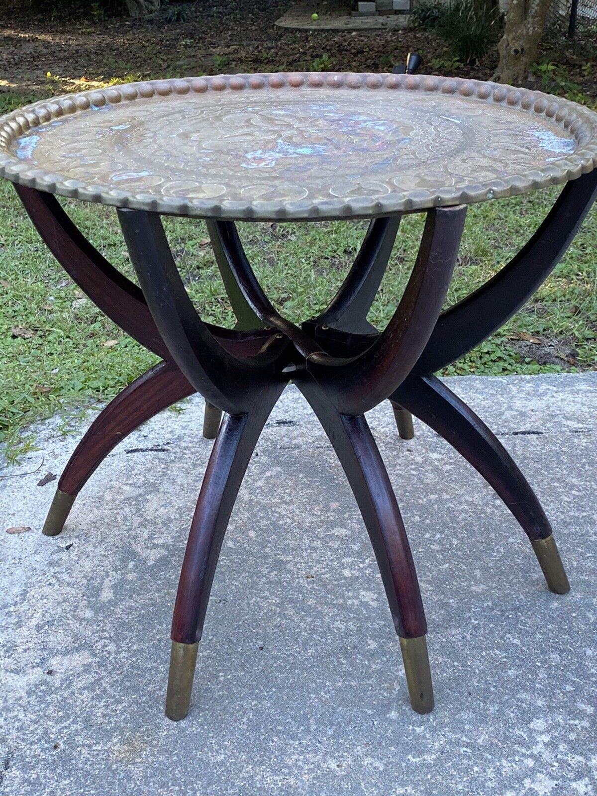 Vtg 1960's Moroccan Spider Brass Table Folding Wood Round 22.25" MCM Tray