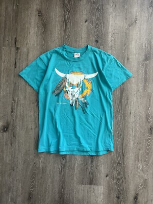 VTG San Antonio Native American Cow Bison Aztec Single Stitch Shirt USA Mens L