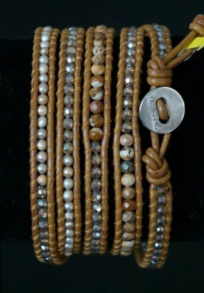 NEW Chan Luu Crystal Pearl Jasper Semi Precious Stone Silver 5 Wrap Bracelet Foto 2 de 4