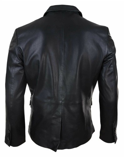 Leather Blazer Jacket Men's Coat Lambskin Slim Fit Soft Men Two Real US Black 12 - Picture 2 of 4