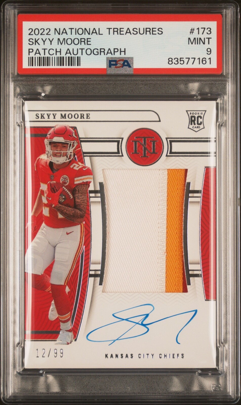 2022 National Treasures /99 Skyy Moore RPA RC #173 Rookie Patch Auto MINT PSA 9