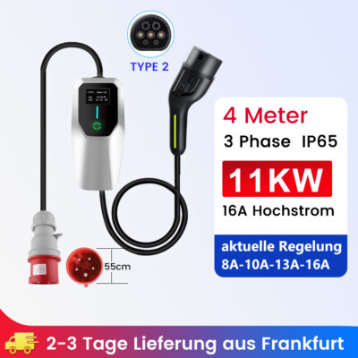 16A 11KW Type2 EV EU Ladekabel Phase3 IP65 LCD Ladestatione Mobile Wallbox 4m DE