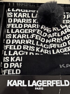 KARL LAGERFELD Women Gift Set Hat, Scarf, Gloves Boxed Beanie Black White