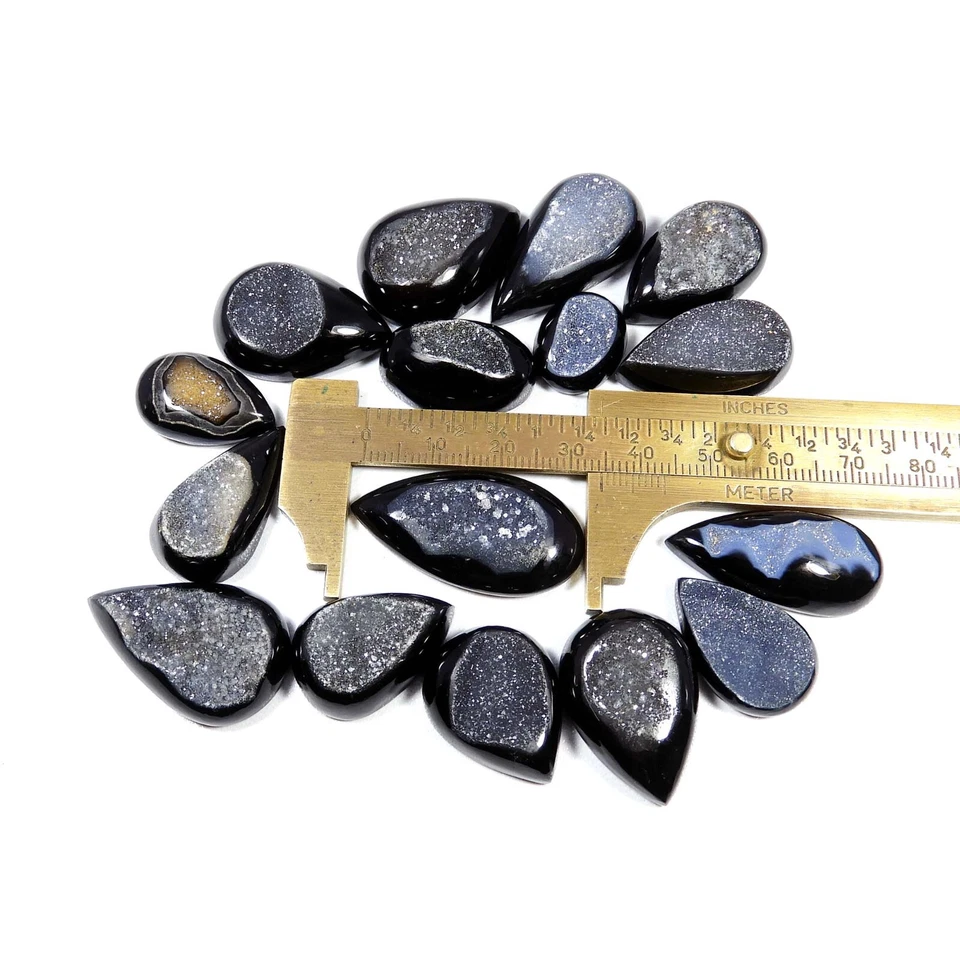 Cabochon naturel druzy agate d'onyx noir en gros 16 pièces pierres précieuses... - Photo 3/4