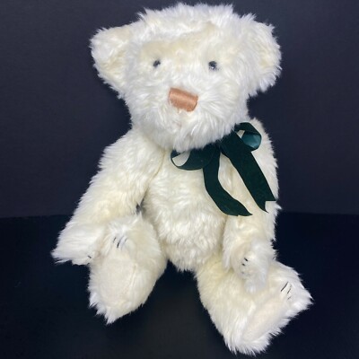 Dakin Applause White Teddy Bear Plush Hairy Green Bow Jointed Stuffed Animal 