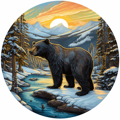 Bear Patch Iron-on Applique Nature Snow River Sun Mountain Wild Animal Badge
