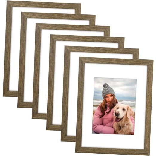 Picture Frames Set of 6, with Mat for 6x8 or without Mat, Composite 9x12 Brown-image