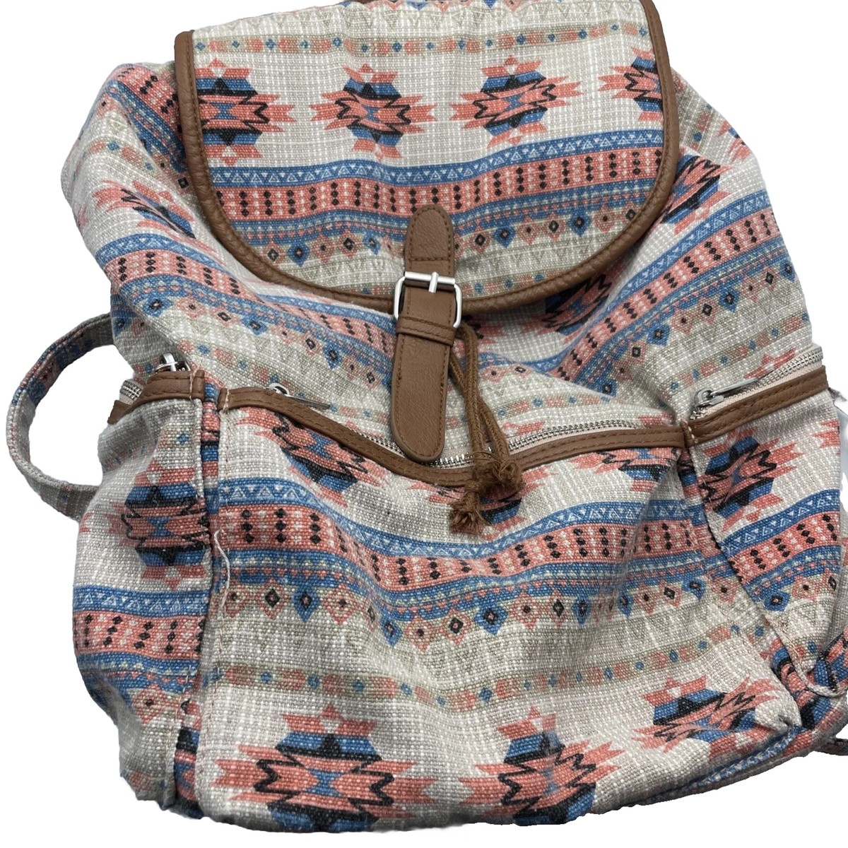 Mudd Backpack Southwest Aztec Design Pink Blue Tan Zip Pockets Inner Outer