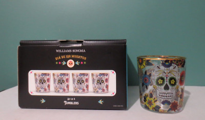 WILLIAMS-SONOMA - New Set of 4 DAY OF THE DEAD Tumblers w/ Gold Rim - 3 1/2'' T