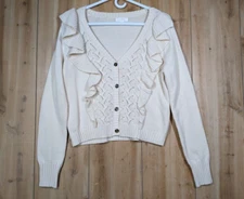 LC Lauren Conrad Ruffle Pointelle Cardigan Ivory Button Small Cottage Boho NWT