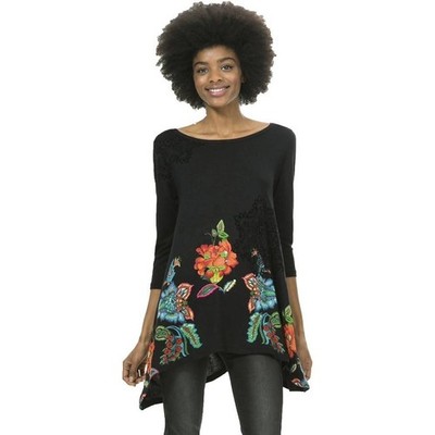 Desigual Women XL Black Floral Sequin Flocked Mandala High Low Tunic Top 3/4 Slv