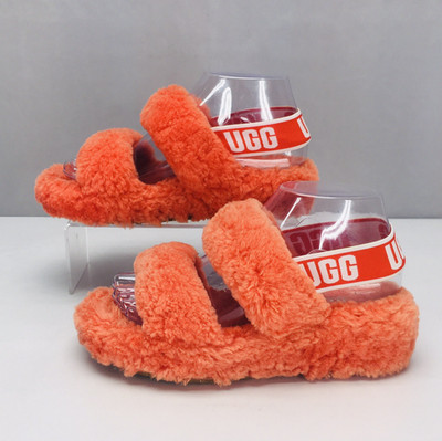 UGG Womens Fluff Yeah Slide Slippers Size 6 Orange Fur Slingback Sandal Platform