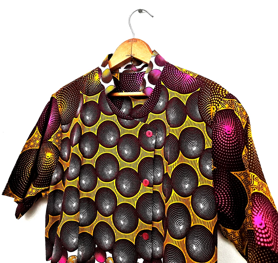 Veritable Wax Block Shirt Tunic Vtg Abstract African Tribal Club Pop Art Print L - Image 2 of 4