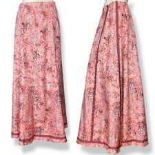 Vintage 70s Chessa Davis Skirt Maxi Hippie Floral Fringe Trim Peasant Pink Retro