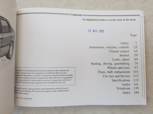 VOLVO S80 Car Owners Manual Dated FEB 2002 #TP5661 - Picture 2 of 3