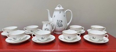Vintage ALP Lidköping Sweden Porcelain Coffee Set Black Gold 18pc Castle Scenic