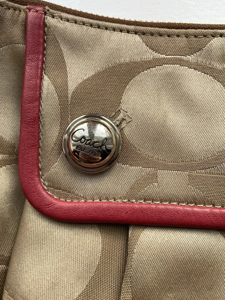 Bolso de Hombro Y2K Coach Signature 13833 Tostado "C" Lona Rojo Cuero Borde Hobo Logo Foto 3 de 4