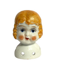 Vintage China Doll Head Pincushion Doll Head Yellow Hair Blue Eyes 2.5"