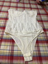 White Lace Bodysuit Bardot Teddy Lingerie - Size Medium - Lace Mesh One Piece