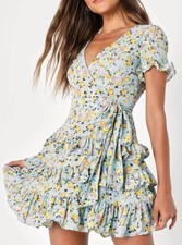 Lulus Feeling Butterflies Women’s Size Med Blue Floral Tiered Ruffle Mini Dress