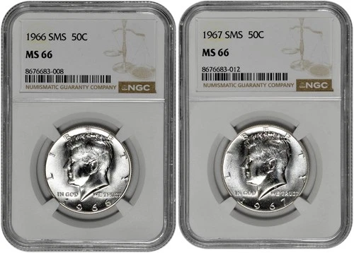 1966 + 1967 SMS 50c Kennedy Half Dollar NGC Graded MS 66 Two Coin Lot