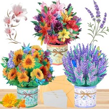 3D Flower Bouquet Pop Up Greeting Cards - Set of 3 Paper Cards