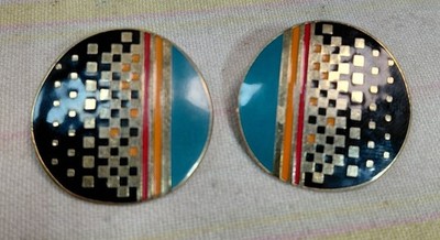 Vintage Laurel Burch Raji Geometric Circle Cloisonne Pierced Earrings 80 s