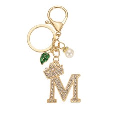 Bling Crown Initial Letter Keychain for Women Letter A-Z Key Chain Gold-M