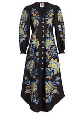 Farm Rio Womens Scalloped Floral-Print Midi Dress XXS Stitched Garden Black