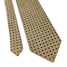 Bergamo New York Silk Tie Gold Navy Geometric Pattern Handmade 4” Wide Jaquard 