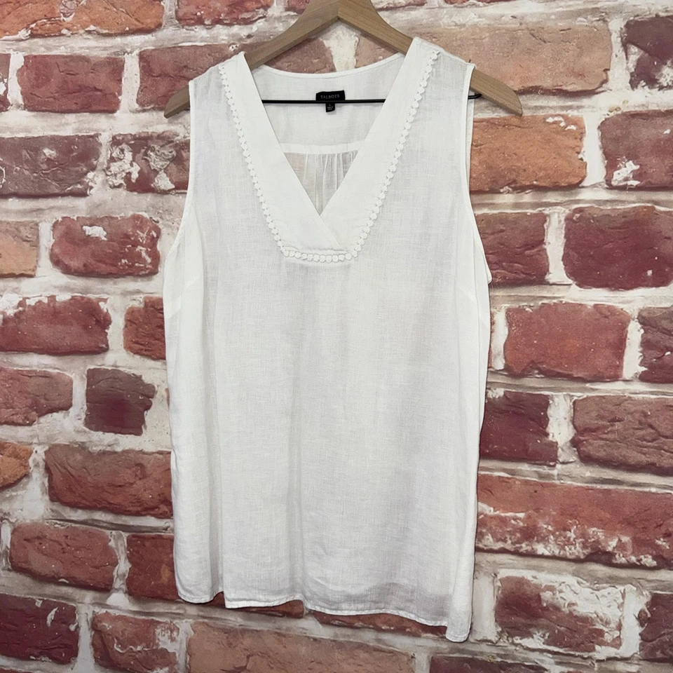 Talbots Top Womens Large Plain White 100% Linen Casual Embroidered Neck Shirt - Image 3 of 4