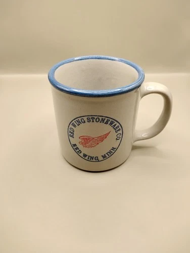 Red Wing Stoneware Co Coffee Mug Minnesota Made USA blue rim w/ Advertising