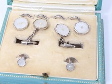 Vintage Set of Preston's Silver and Mother of Pearl Cufflinks and Shirt Studs.