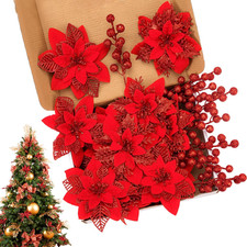 Red Boxed Christmas Poinsettia Flowers Set 24 Pcs, 16 Pcs Artificial Poinsettias