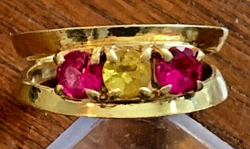 Vintage 14k Yellow Gold Modern 3 Stone Ring Citrine Pink Tourmaline Sz 5.25-5.50 - Picture 9 of 12